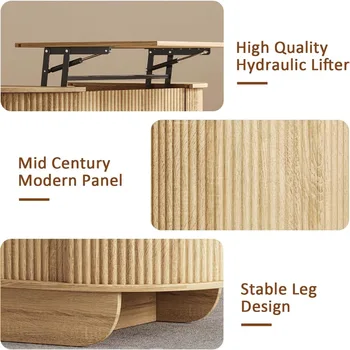 Lift Top Coffee Table with StorageOval Wood Coffee Table with Sliding Doors Hidden Compartment Fluted Center Table for Home Liv 3
