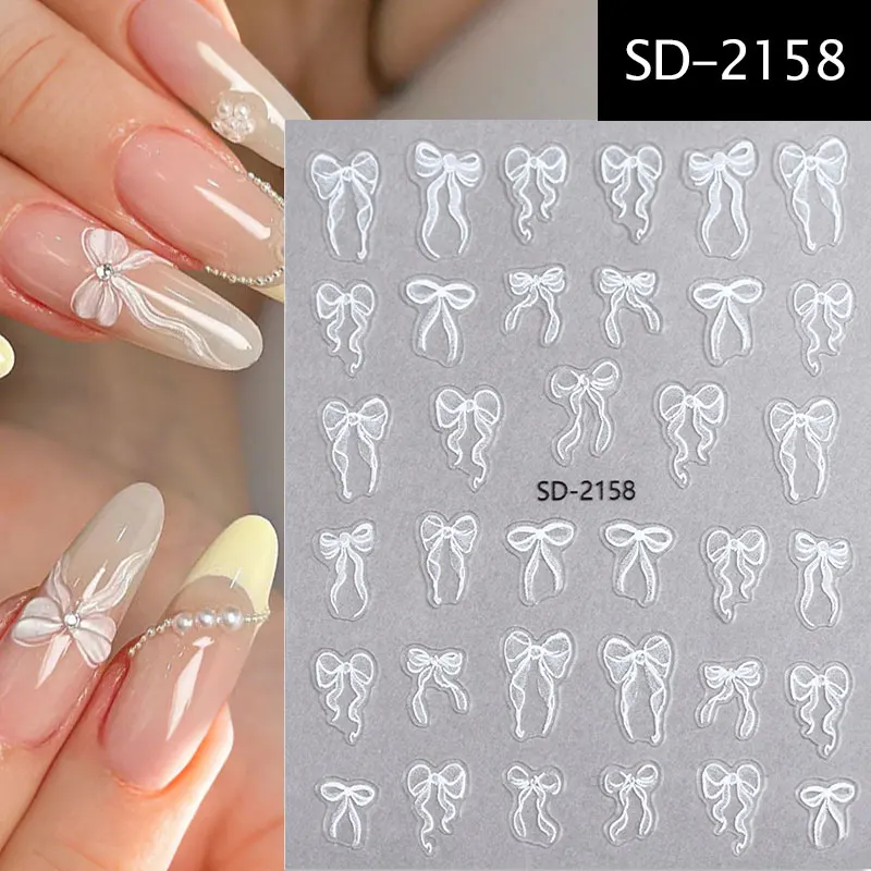 3D French Bowknot Ribbon Nail Stickers Cute White Pink Nail Stickers Self Adhesive Manicure Decorations DIY Nail Accessories 5