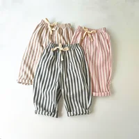 Spring Summer Boys Striped Loose Pants Baby Girl Vintage Casual Linen Cotton Harlan Pants Kids Lace-up Pant Children Clothing 2