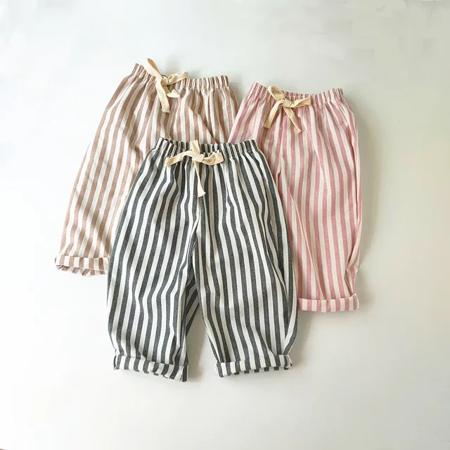 Spring Summer Boys Striped Loose Pants Baby Girl Vintage Casual Linen Cotton Harlan Pants Kids Lace-up Pant Children Clothing 2