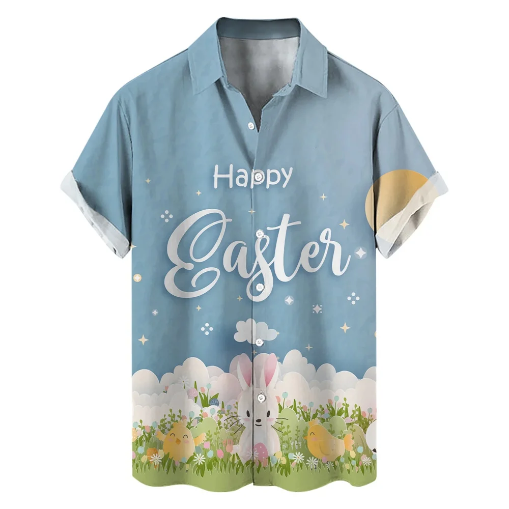 thumbnail image 1 of Camisas hawaianas con estampado 3D de conejo de dibujos animados para hombre y mujer, camisa playera con botones y diseño de huevo de colores para el día de Pascua, 1 of 5