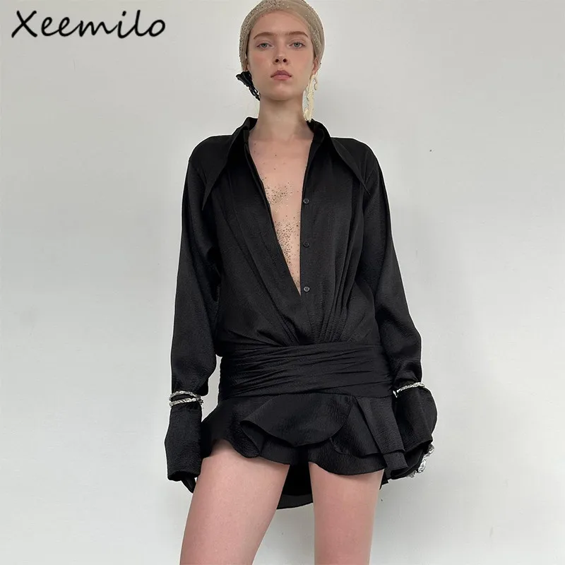 Xeemilo Sexy Lady Mesh Sheer Long Sleeve Cardigan Shirt With Ruched Short Skirts Autumn 2023 Temperament Slim Women 2 Piece Sets women s casual dresses 2023 fashion long sleeve solid color patchwork v neck sheer mesh glitter ruched beaded party sexy dress