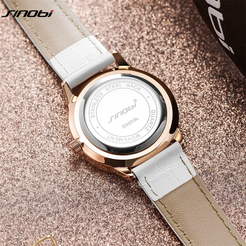 SINOBI Fashion White Leather Strap Woman Watches Original Design Calender Women's Quartz Wristwatches Gifts Clock For Ladies 4