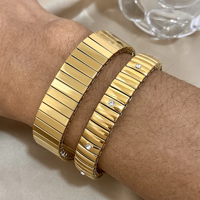 Gold Color Stainless Steel Elastic Bracelet Bangle for Women Rhinestones Wide Bracelet Classic Watch Chain Waterproof Jewelry 3