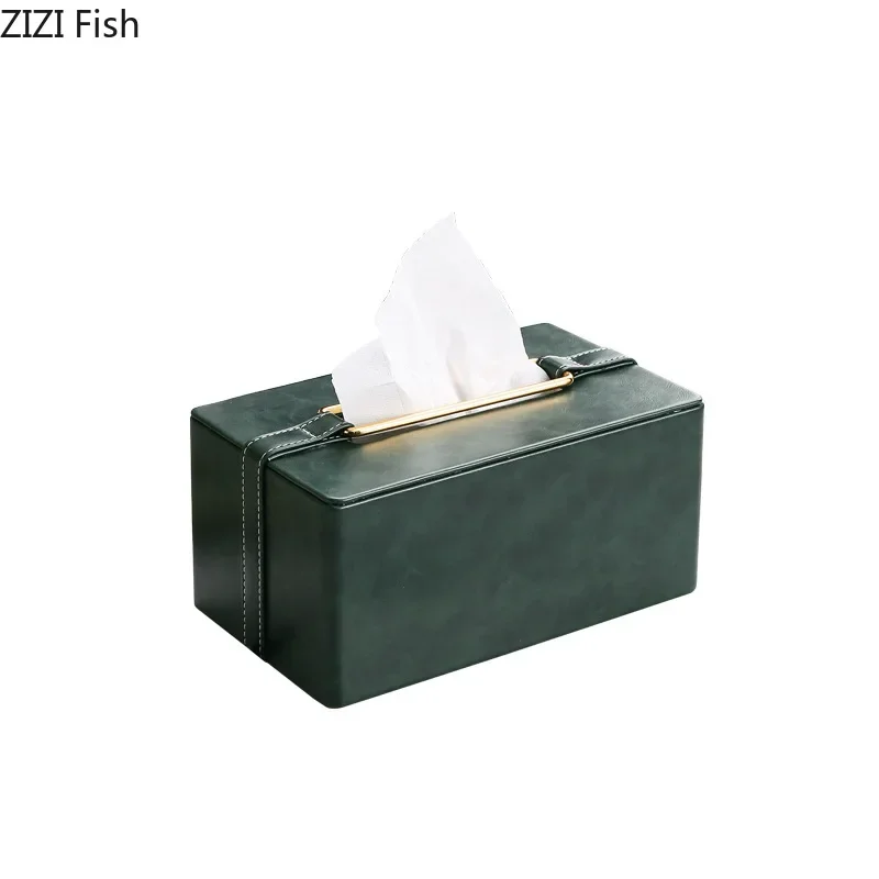 Leather tissue box Handmade Metallic green Paper box Tea table storage organization ornaments napkin holder Home Decoration 6