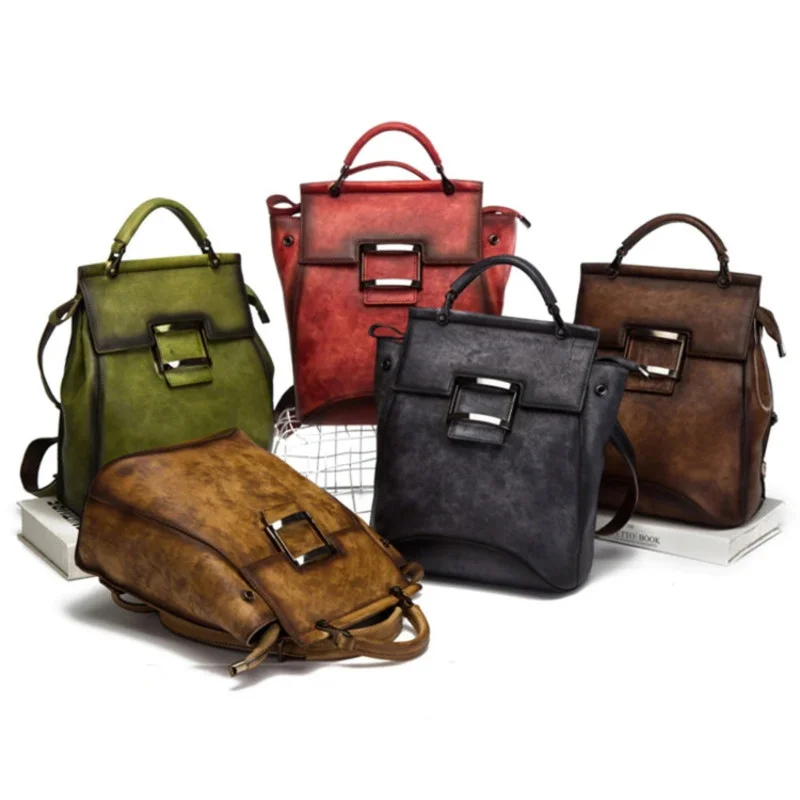 

2023 Vintage Handmade Backpacks For Women Luxury Flap Pocket Bag High Quality Genuine Leather Women's Backpack Girls Book Bag