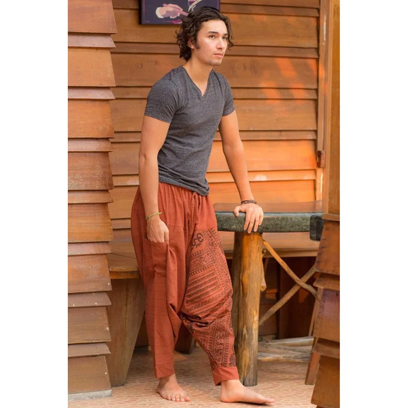 Men's Bohemian Vintage Hippie Harem Pants - Cotton Patchwork, Elastic Waist & Ankles, Made In Nepal