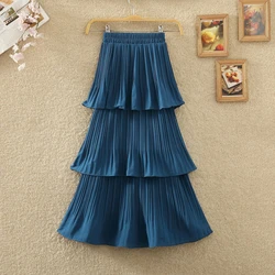 2023 New Spring Summer Women High Waist Slim Long Skirt Korean Chic Sweet Three Layers Pleated Hem Cake Skirt