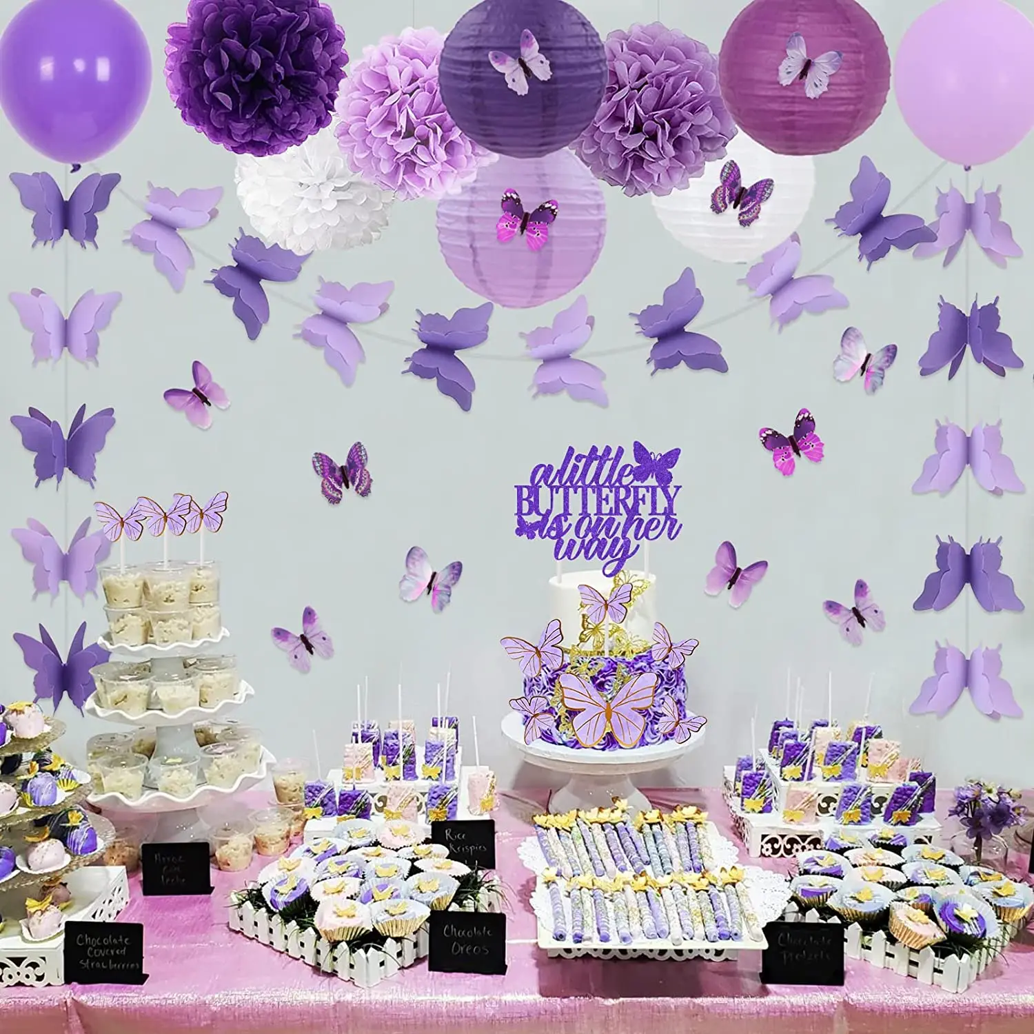 Butterfly Baby Shower Decorations for Girl A Little Butterfly Is On Her Way  Purple Banner Cake Topper Paper Lanterns Pom Poms - AliExpress, image size:1500x1500