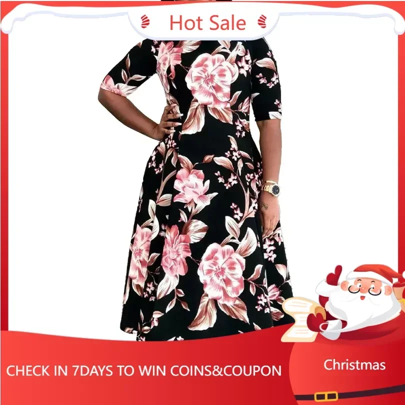 

African Dresses for Women Elegant African Half Sleeve Polyester Print O-Neck Party Evening Long Dress Dashiki African Clothing