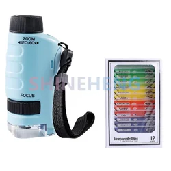 Pocket Microscope Educational Kit with LED Light - Mini Handheld Science Toy (Blue with BM)