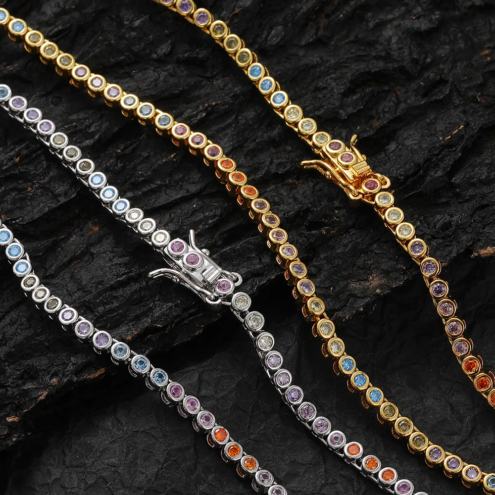 

New 2mm Colorful Circle Ball Shape Zircon Chain Bling Bling Iced Out Brass Chains Necklace Fashion Hip Hop Jewelry BN107