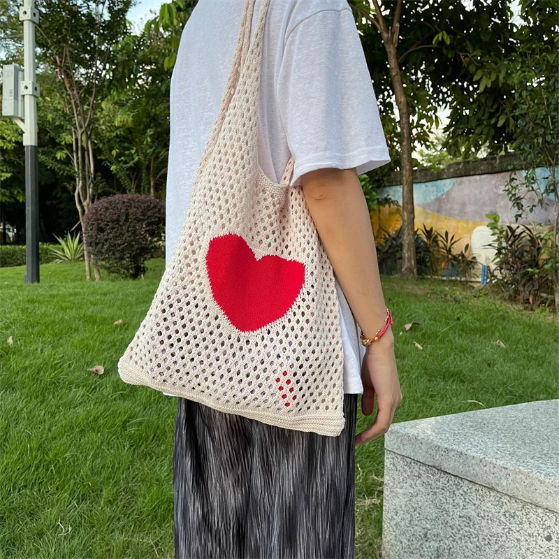 INS Korean Hyuna Flower Print Crochet Shopper Bag Knitting Hollow Out Shoulder Beach Bag Casual Laziness-Style Handbag for Women