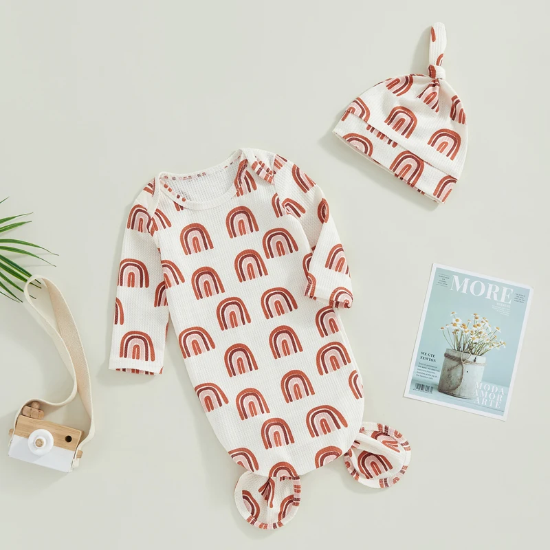 Baby Knotted Gown with Hat Set, Soft Newborn Sleep Sack Swaddle Hat Set for Boys Girls