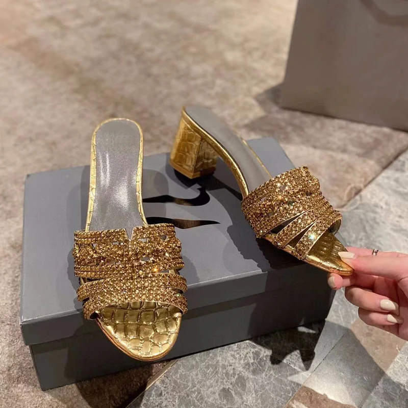 

Unparalleled Women's Golden-smooth Crystal-embellished Leather Sandals Open Toe Heeled Mules Sexy and charming party shoes