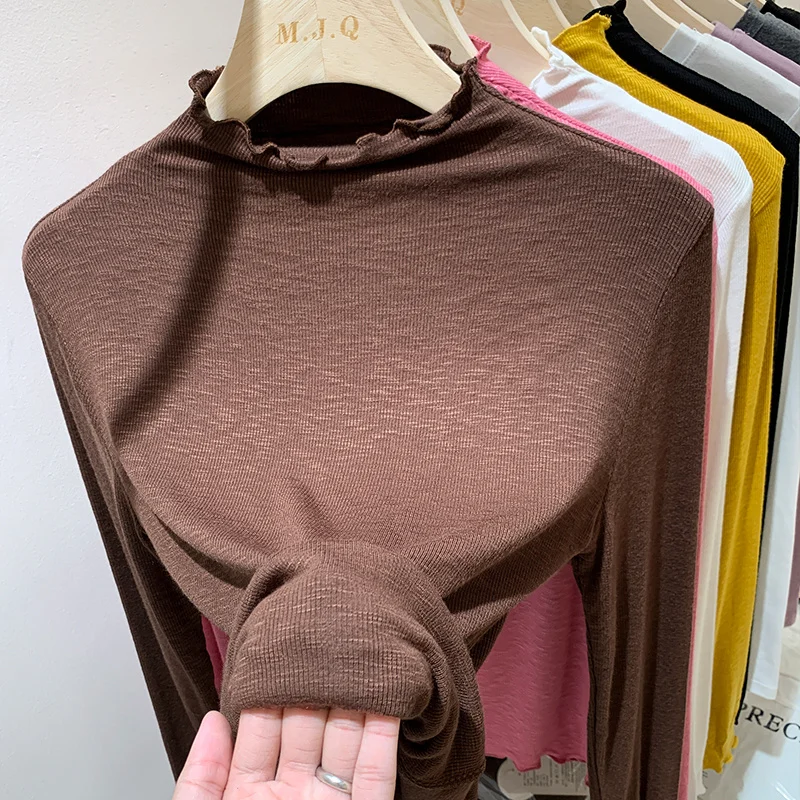 

2023 Spring Turtleneck Screw Thread Inner Tight Bottoming T-shirt Women Slim Long Sleeve Korean Soft Basic Tees Tops Female