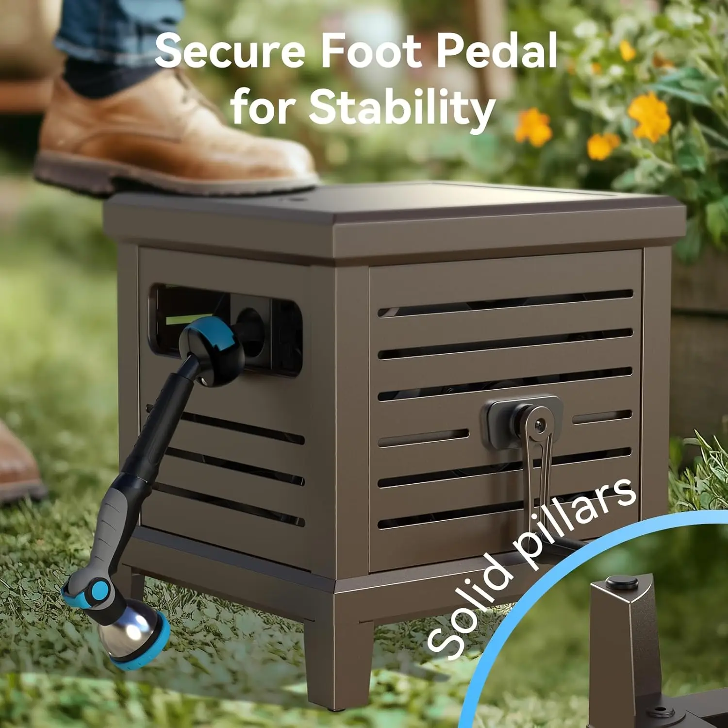 Hose Reel, Heavy Duty Hose Reel Box Hideaway Holds 100 ft x 5/8" Hose, Never-Leak System, Manual Crank Handle, Hose Guide