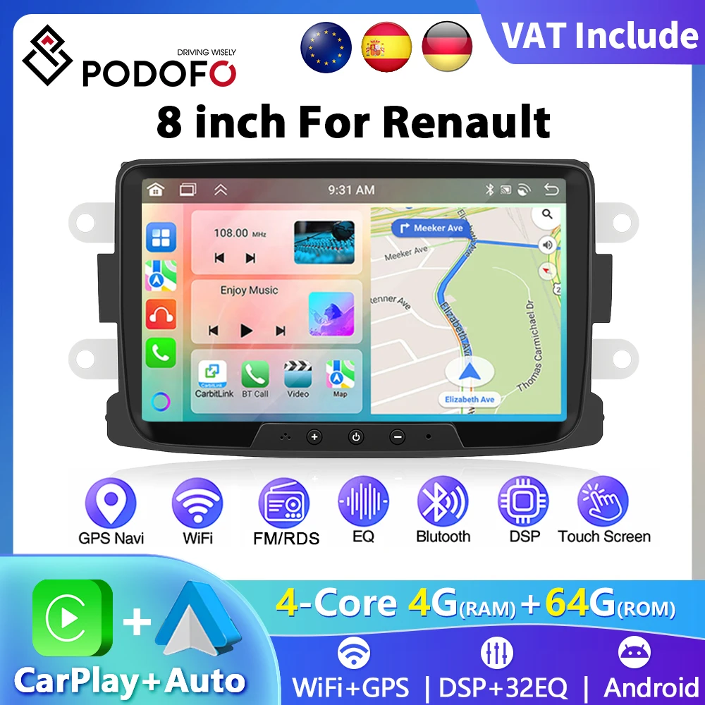 Podofo 8 "Radio de coche CarPlay Android Radio para Renault Dacia Sandero/Duster /Logan/Dokker 2010-2015 Multimedia GPS Bluetooth FM 1