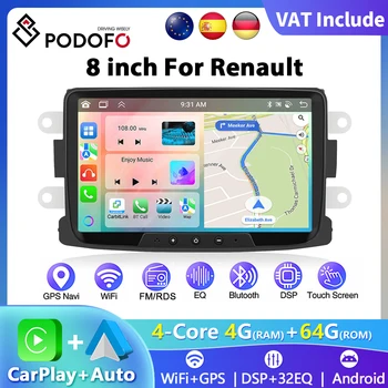 Podofo 8 "Radio de coche CarPlay Android Radio para Renault Dacia Sandero/Duster /Logan/Dokker 2010-2015 Multimedia GPS Bluetooth FM 1