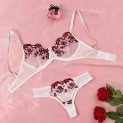 Elegant Lace Embroidered Semi-Sheer Bralette and Panty Set - S (White)
