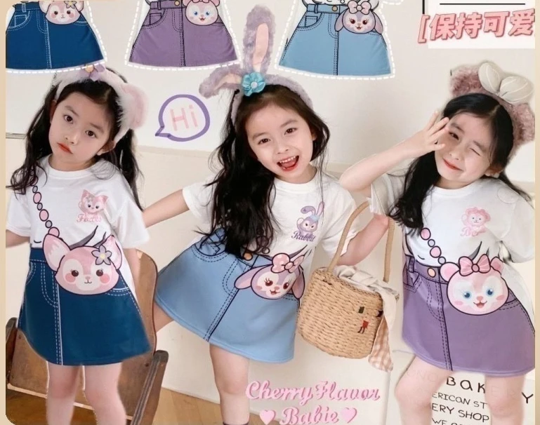 

Disney Stellalou Linabell Girls Summer New Children's Cartoon Fake Two Bags Skirt Short Sleeve Dress Sweet T-shirt Skirt Tide