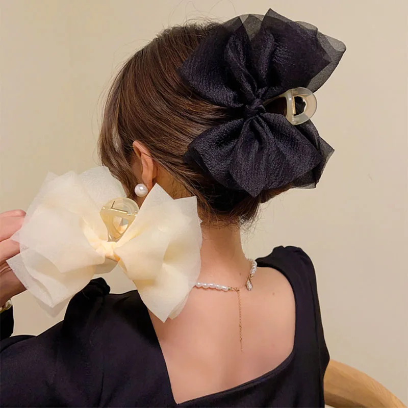 Summer New Solid Color Mesh Tulle Bow Hair clips Elegant Women Ponytail Braid Hair Claw Clip Hair Clip Headwear Hair Accessories double sided mesh tulle big bow pearl hair claw for women solid color elegant bowknot ponytail hair clip new headdress accessory