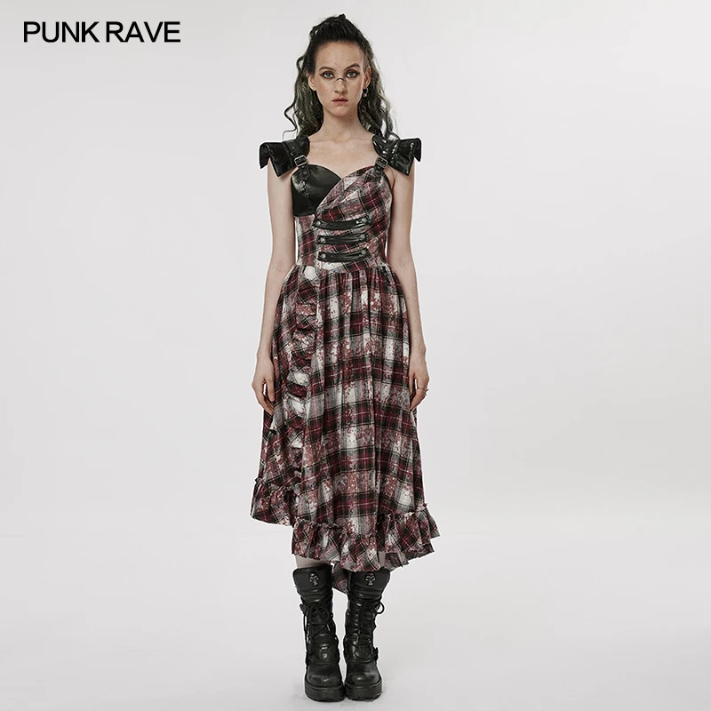 

PUNK RAVE Women's Punk Dresses Irregular Ruffles Plaid Dress Daily Flared Sleeves Sexy Goddess Sweet Summer Long Dresses