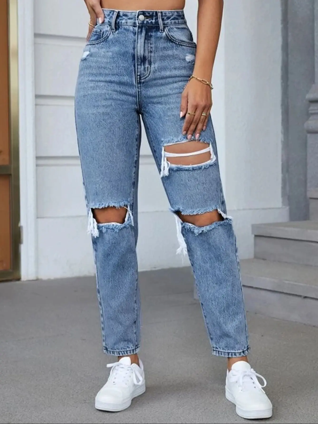 Jean déchiré pour femmes, pantalon droit à trous en détresse, Streetwear, taille haute, délavé, Vintage, longueur cheville, 2025