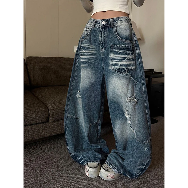 YIBASHU 2026 Summer Women's Ripped Denim Pants Y2K Men Wide Fit Baggy Jean Japanese Harajuku Jean Punk Tide Mom Jeans Boyfriend 2