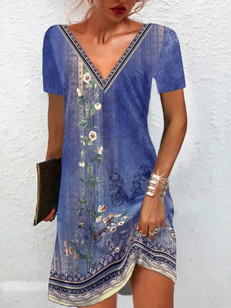 

Women's Fashion Short Sleeve Boho Dress Female Summer Floral Printed Casual V-Neck Oversized Party Dresses