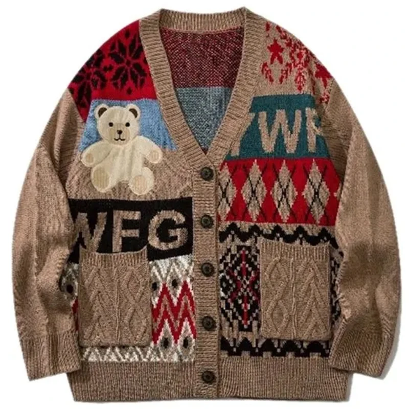 Bear Embroidery Cardigan Sweater for Men Winter Japanese Style Cartoon Hip Hop Loose Women Knitwear Coats Vintage Cardigans