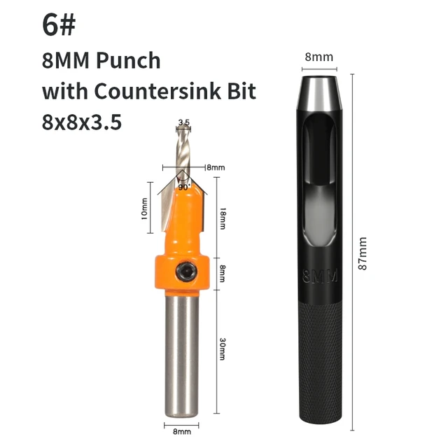YUSUN 2PCS 8MM Shank Countersink with Punch Router Bit Woodworking Milling Cutter For Wood Face Mill 8x8x3.5with Punch