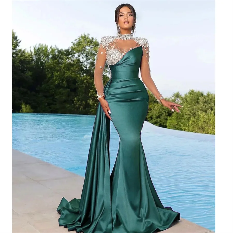 

Sexy Mermaid Rhinestones Satin Crystals Evening Gowns For Women Proms High Neck Illusion Custom Made Robes De Soirée