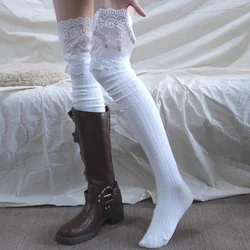 Chic Autumn/Winter Thigh - High Lace Lolita Warm Stockings - Black & White Long Socks - One Size (WHITE)