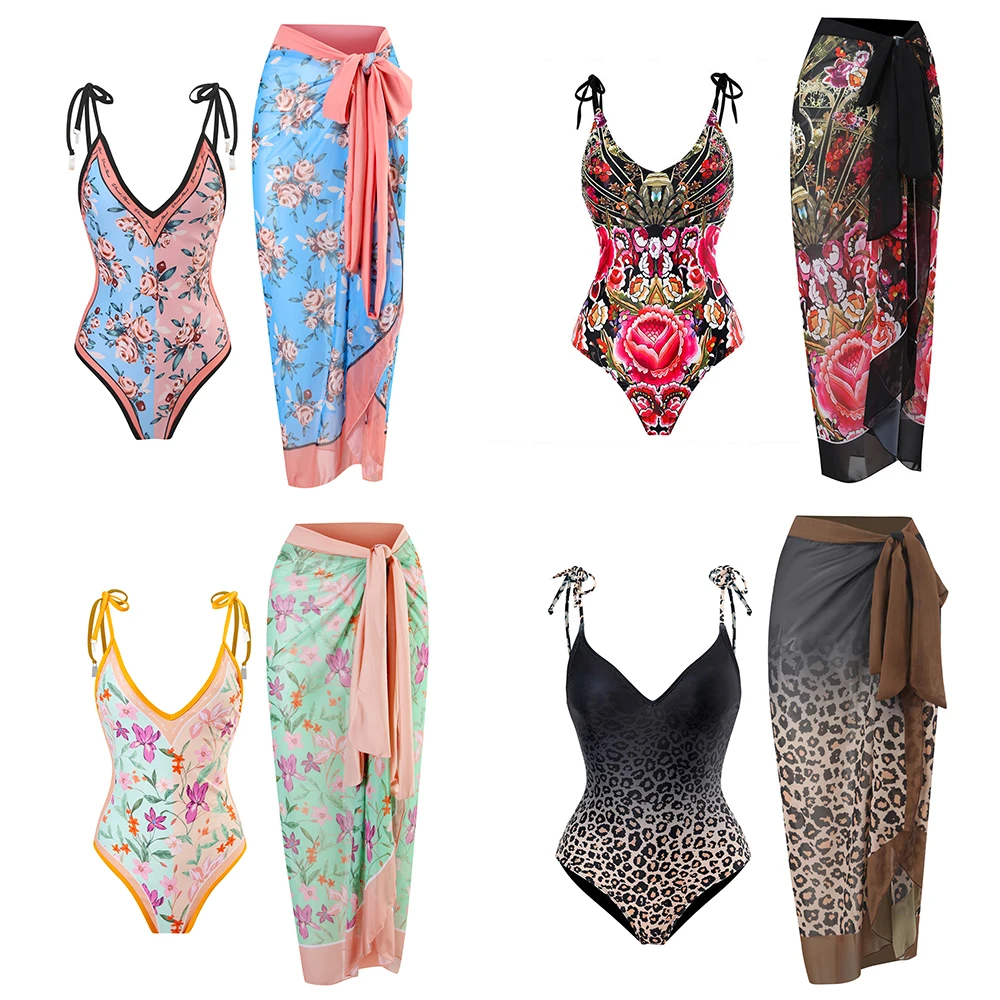 

Womens Swimsuits Vacation Floral Printing V Neck Two Piece Cover Up
