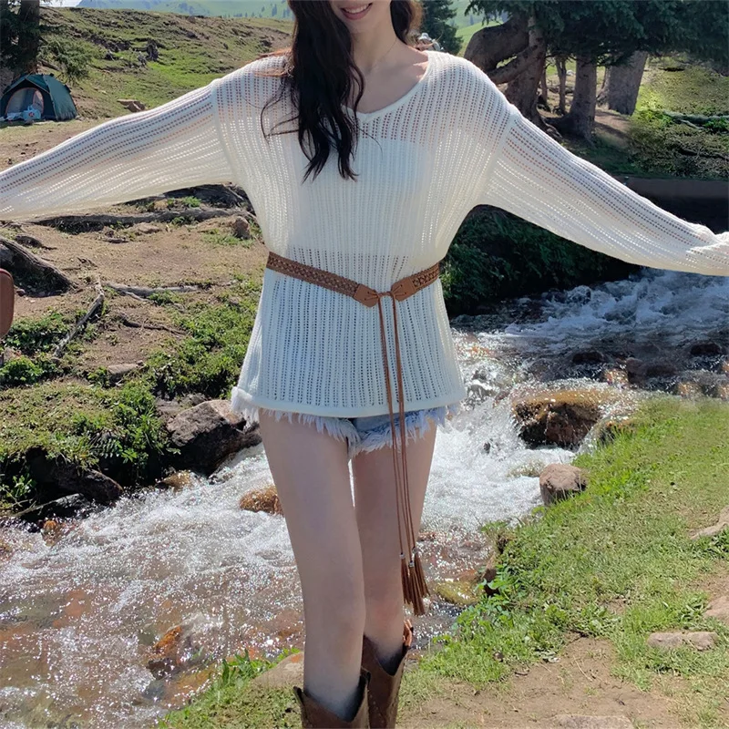 Women Black White Knitted Sweater Pullover