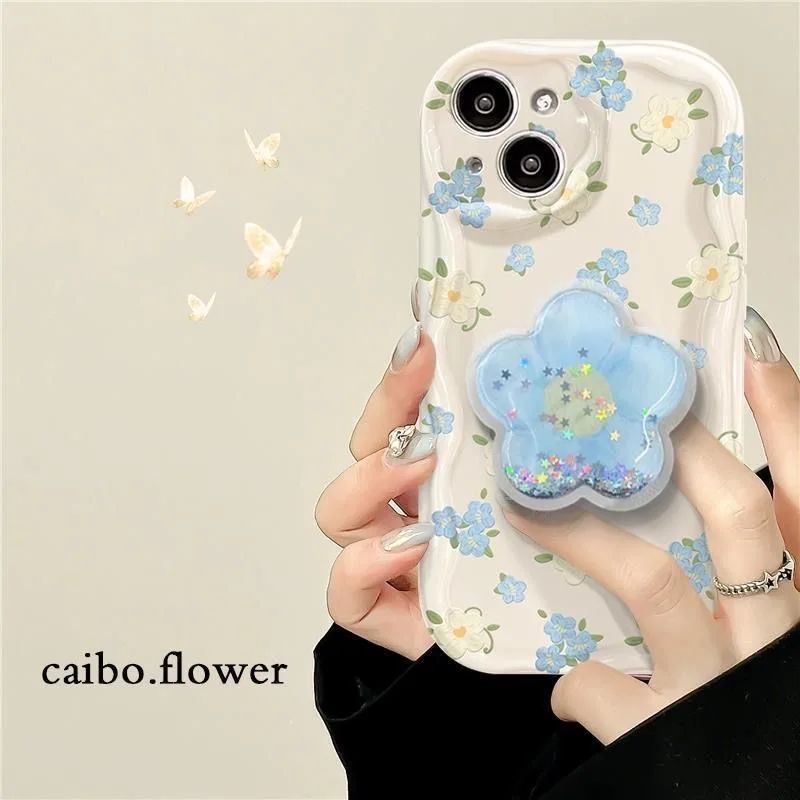 Chic Blue Floral Quicksand Grip Phone Case with Soft Holder