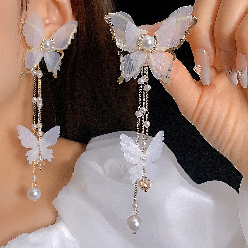 Sunyuer White Butterfly Pearl Tassel Earrings For Women Bohemia Long Chain Lace Butterfly Dangle Earrings Rhinestone Butterfly Earrings Fairy Charm Jewel
