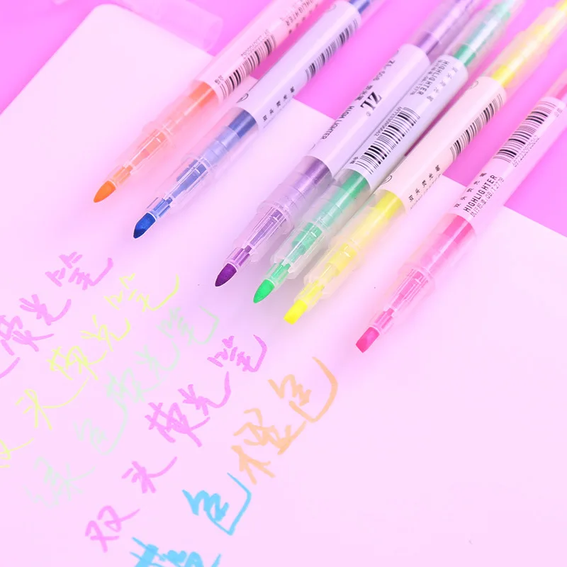 CHEN LIN 6Pc/Set Double Head Highlighter Pen Learning Markers Pastel Drawing Fluorescent Pen for Student School Office Supplies