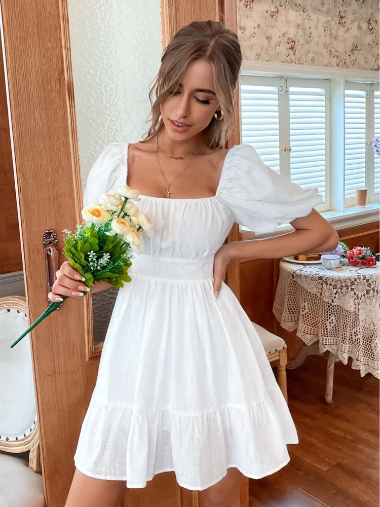 White Dress Ruffle Sleeves White Ruched Puff Sleeve Dress White Summer Dress Aliexpress