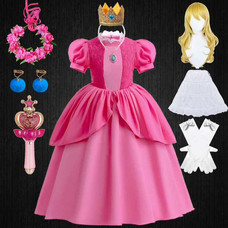 

Peach Princess Cosplay Dress Girl Game Role Playing Costume Birthday Party Stage Performace Outfits Kids Carnival Fancy Clothes