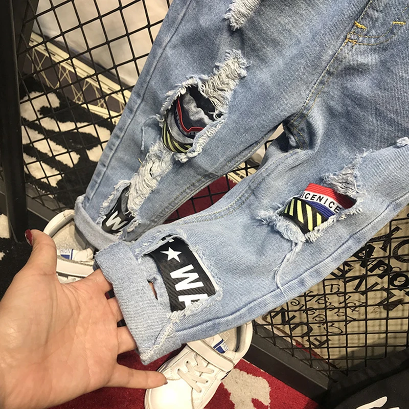 Kids pants boys jeans Boys Jeans Fashion Hole New Children Straight Cylinder Casual Jeans Spring Autumn Korean Style Elastic Waist 3-8Ys Trousers