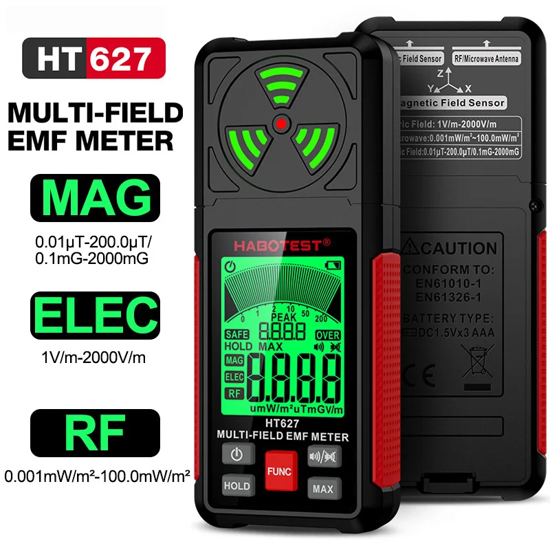 HT627 EMF Meter 3 in 1 Electromagnetic Radiation Tester Electromagnetic Field RF Radiation Detector Radio Frequency Field Tester 6