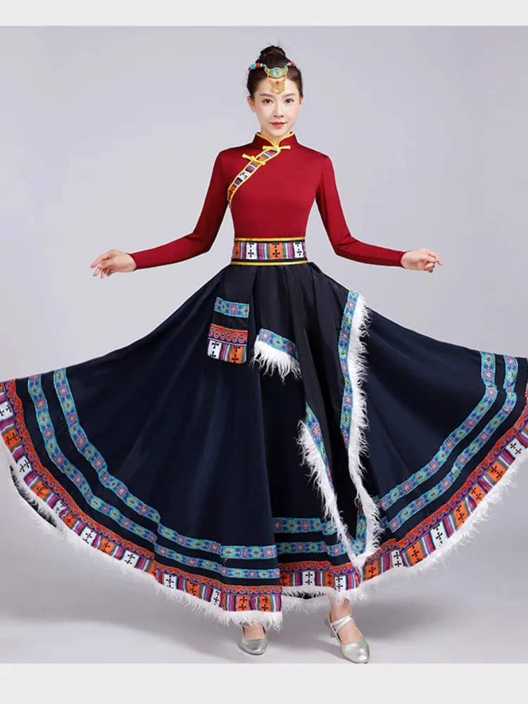 Traditional Folk Stage DanceWear Tibetan Outfit Long Skirts Mongolian National Tibetan Dress Modern Minority Performance Costume