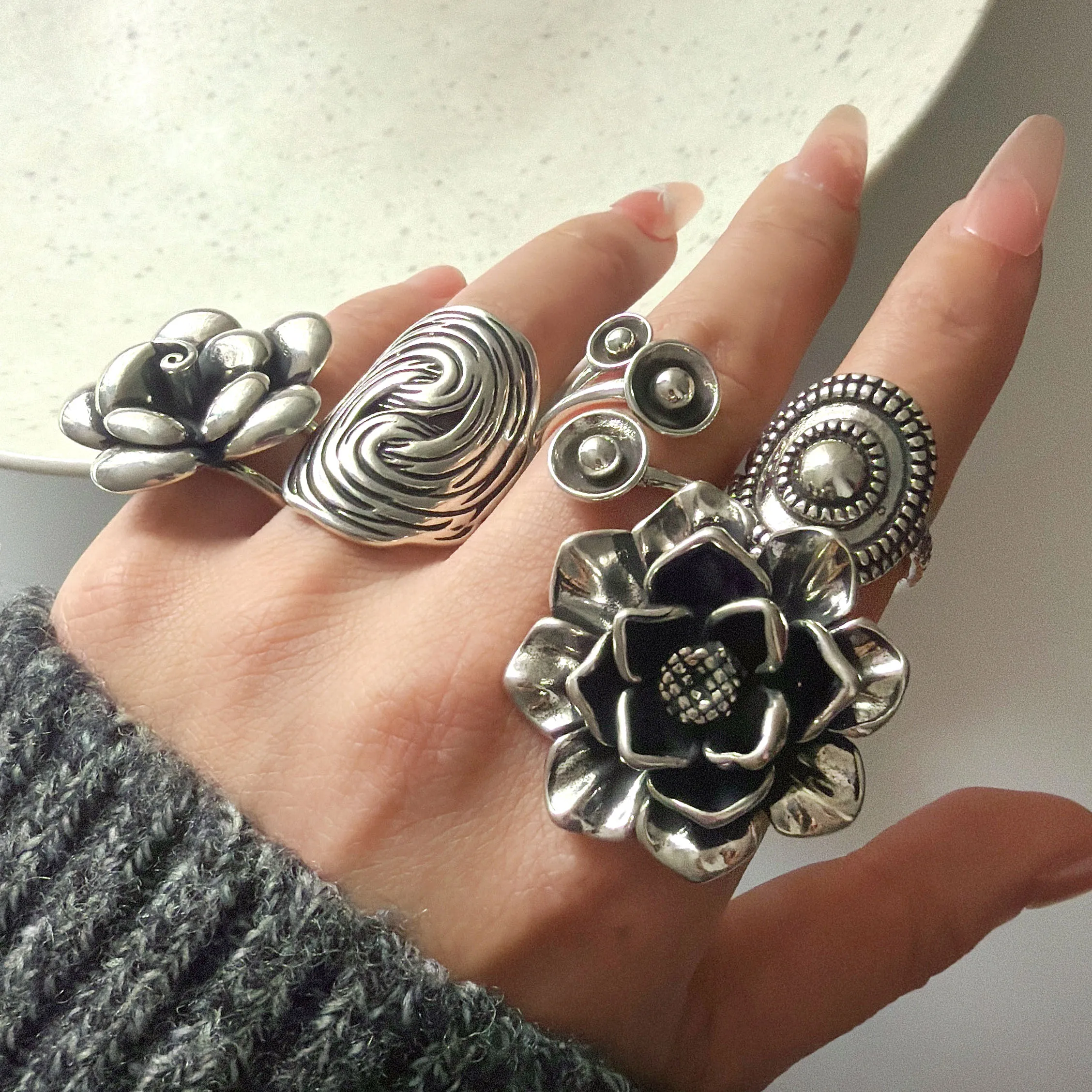 Bagues en argent Sterling 925 pour femmes, ensemble de bagues minimalistes faites à la main, Simple, large lune, bijoux de fête, cadeau pour prévenir les allergies 1 Bagues en argent Sterling 925 pour femmes, ensemble de bagues minimalistes faites à la main, Simple, large lune, bijoux de fête, cadeau pour prévenir les allergies 1