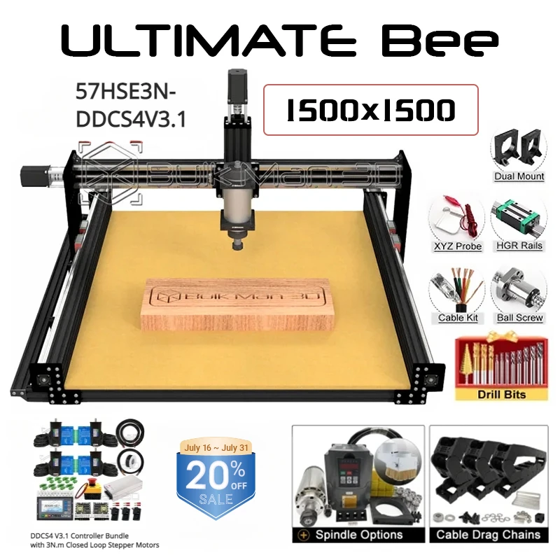 

20%OFF BulkMan 3D Black 1500x1500 ULTIMATE Bee CNC Machine Full Kit with DDCS4V3.1-57HSE3N-3N.m Stepper Motors CNC Wood Router