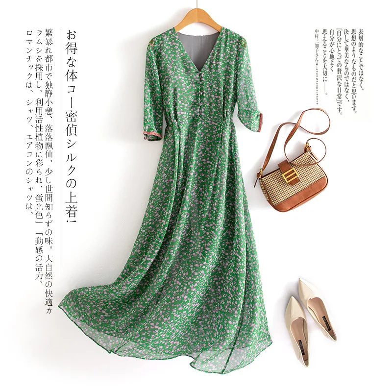 

100% Real Silk Dress Summer Dress Women 2023 New Women's V-neck Slim Green Dress Elegant Maxi Dresses for Women Vestidos Zm3327