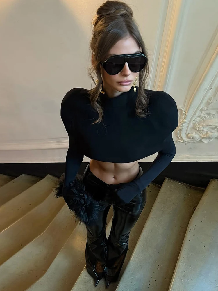 Nibber Simple Two Pieces Crop Tops Women Turtleneck Zipper Shoulder Pads Tops+o-Neck Long-Sleeve Glove t-Shirts Sexy Streetwear