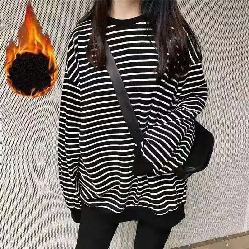 

Classic Simple Striped Long Sleeve Oversized Streetwear Female Sweatshirt Autumn Winter Fleece Casual Pullovers Women's Clothing
