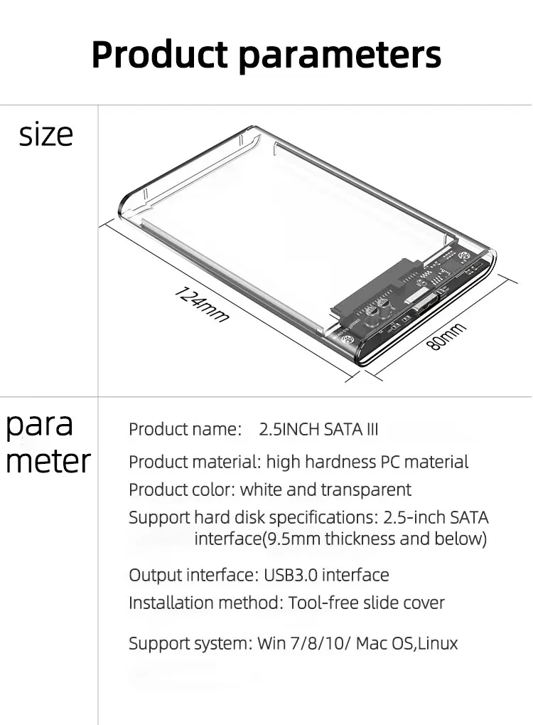 Coolcirc Transparent Portable Hard Drive Case For 2.5-inch SATA HDD/SSD USB 3.0